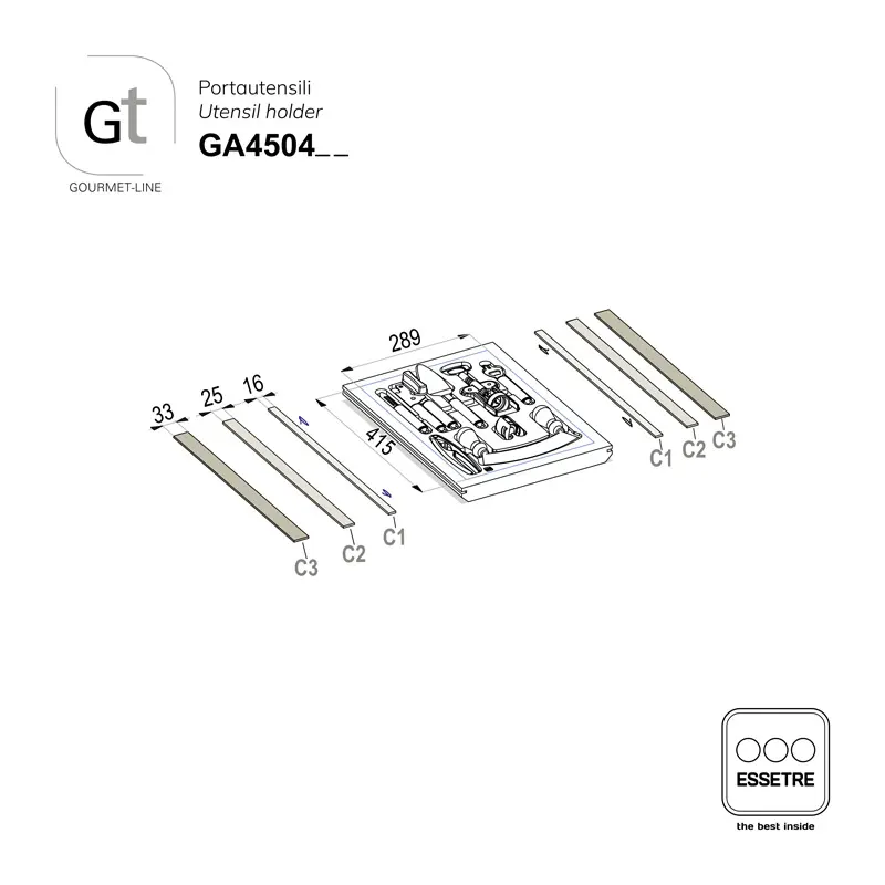 Portautensili GOURMET-LINE con set di utensili inox per cassetto base 450 mm