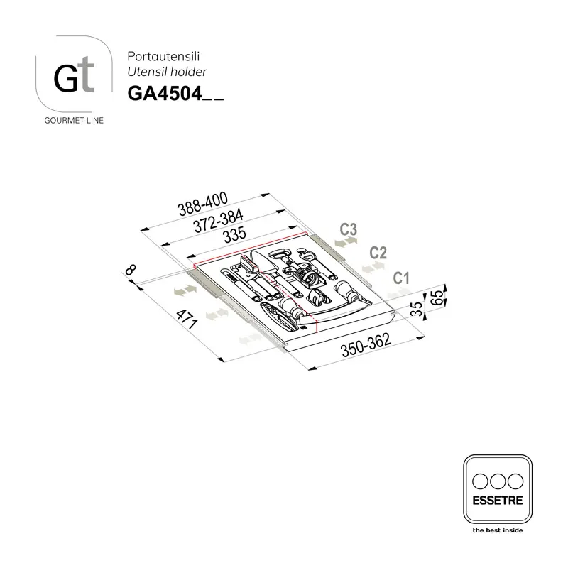 Portautensili GOURMET-LINE con set di utensili inox per cassetto base 450 mm
