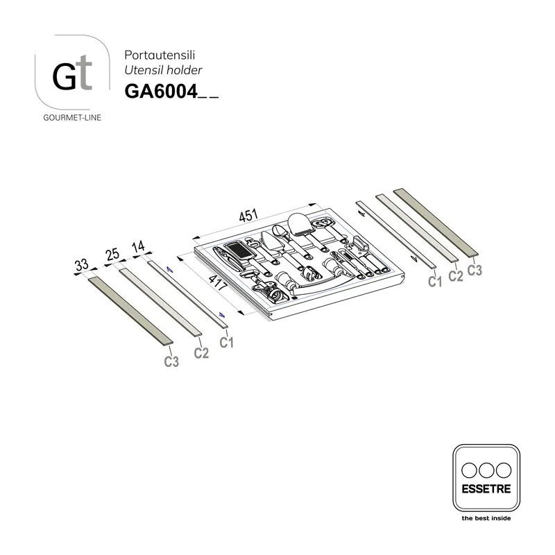 Portautensili GOURMET-LINE con set di utensili inox per cassetto base 600 mm.