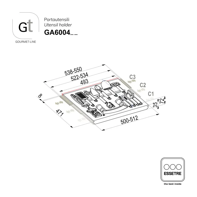 Portautensili GOURMET-LINE con set di utensili inox per cassetto base 600 mm.