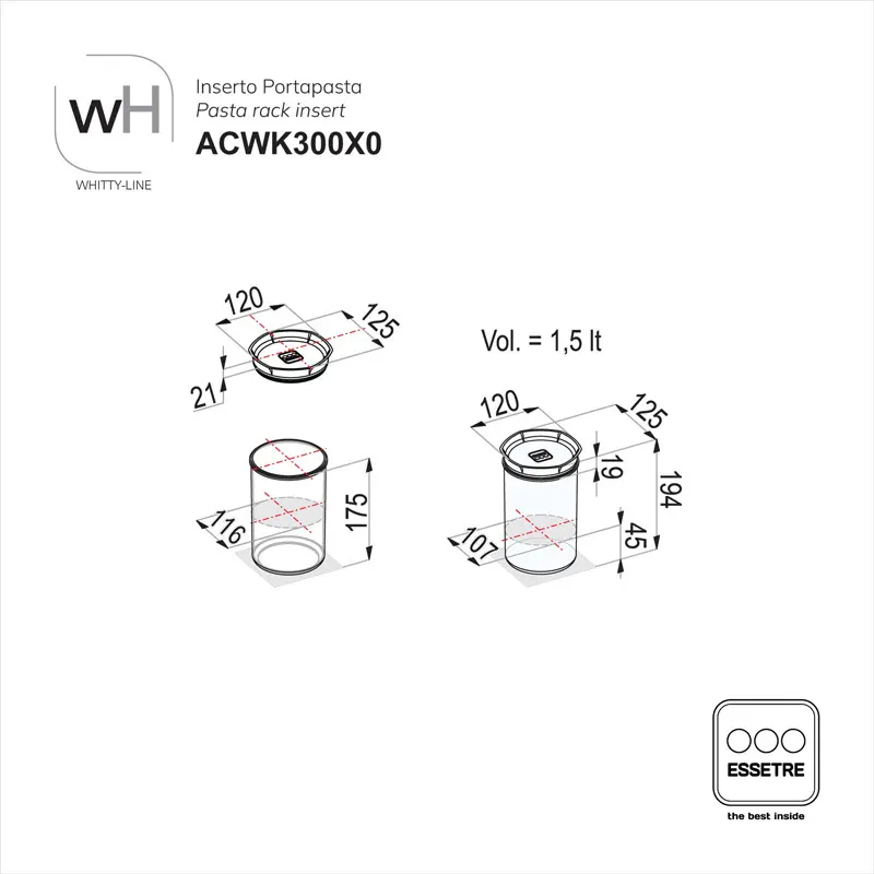 Inserto In ACCIAIO INOX con n°3 BARATTOLI ERMETICI in PLASTICA TRASPARENTE per moduli cestone WHITTY-LINE