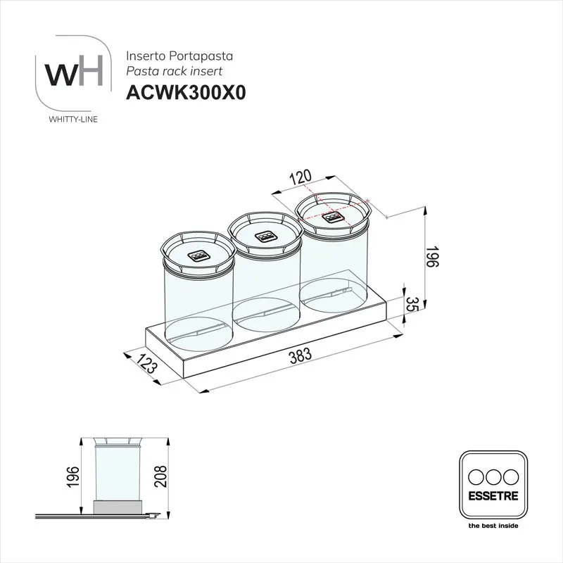Inserto In ACCIAIO INOX con n°3 BARATTOLI ERMETICI in PLASTICA TRASPARENTE per moduli cestone WHITTY-LINE