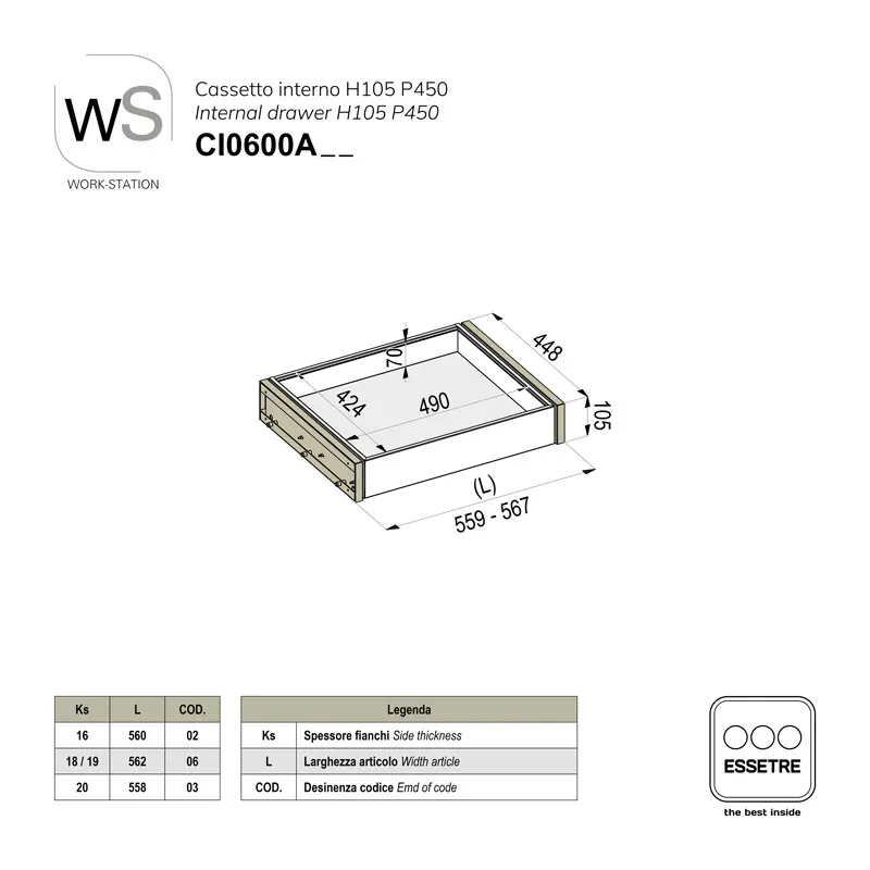 Cassetto interno inox WORK-STATION per armadio e per base 600 mm