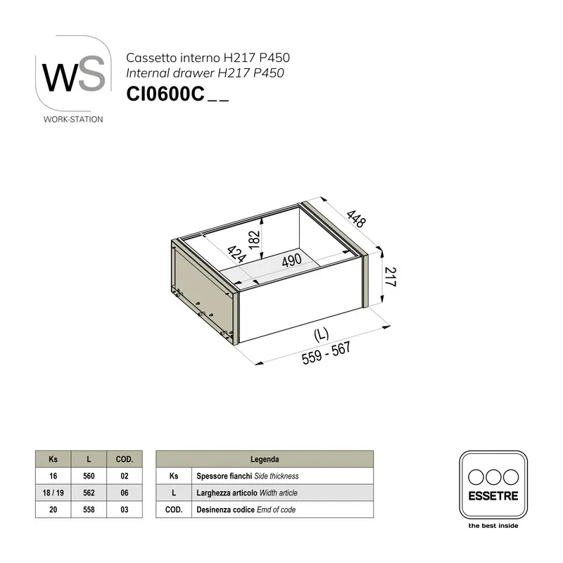 Cestone interno inox WORK-STATION per armadio e per base 600 mm