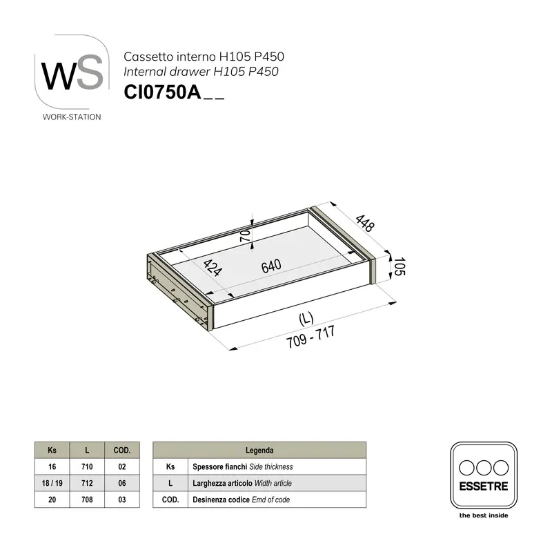 Cassetto interno inox WORK-STATION per armadio e per base 750 mm