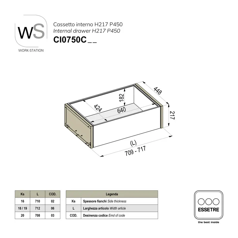 Cestone interno inox WORK-STATION per armadio e per base 750 mm