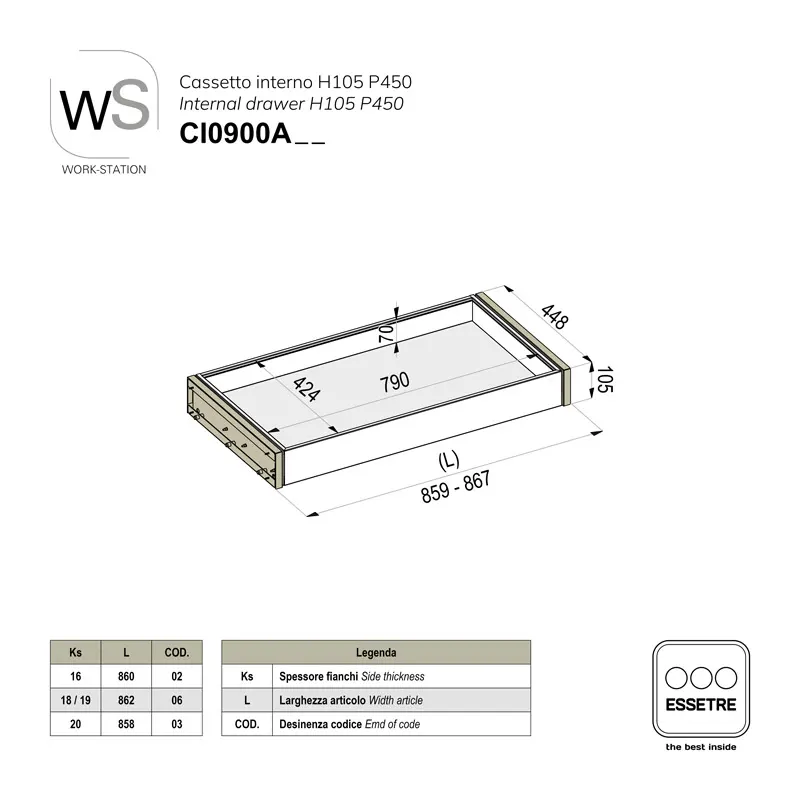 Cassetto interno inox WORK-STATION per armadio e per base 900 mm
