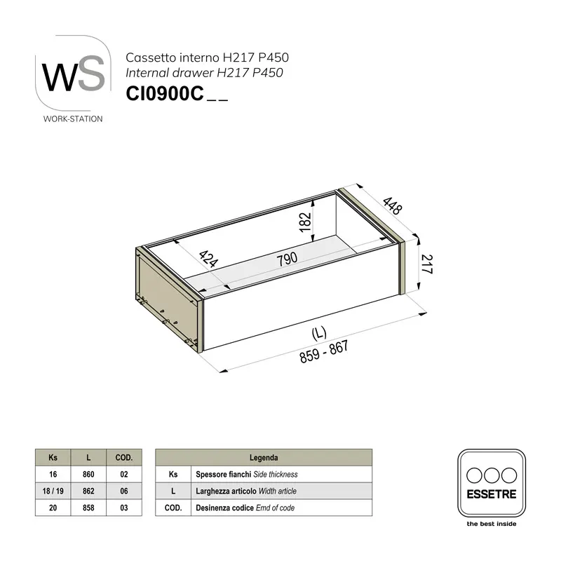 Cestone interno inox WORK-STATION per armadio e per base 900 mm
