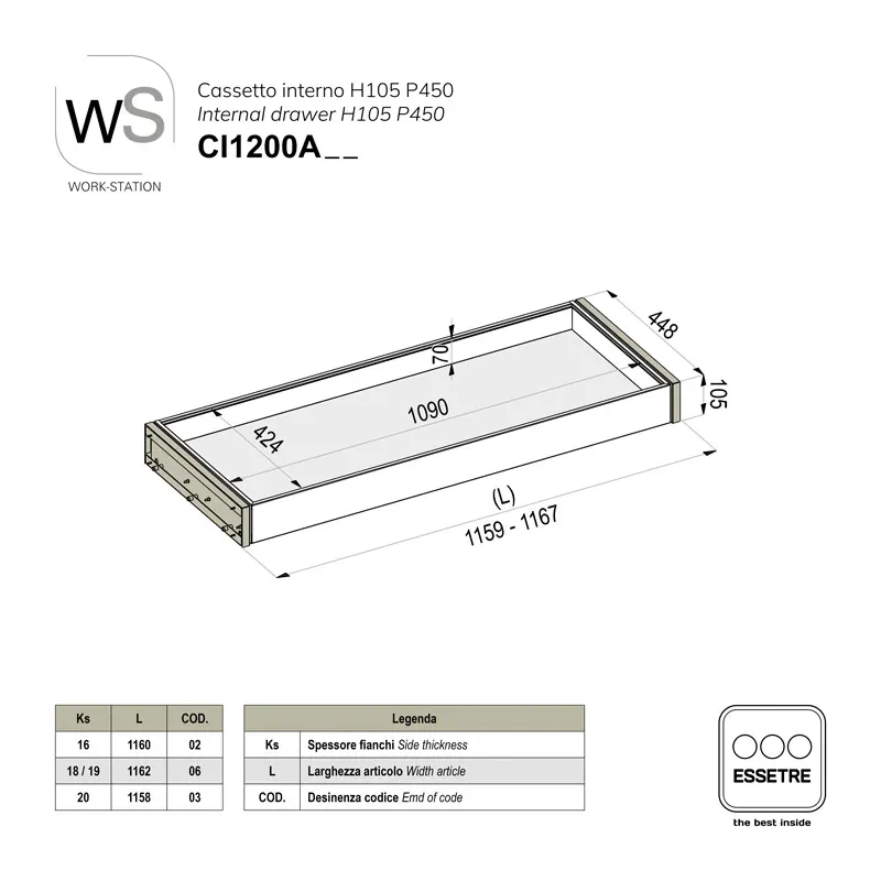 Cassetto interno inox WORK-STATION per armadio e per base 1200 mm
