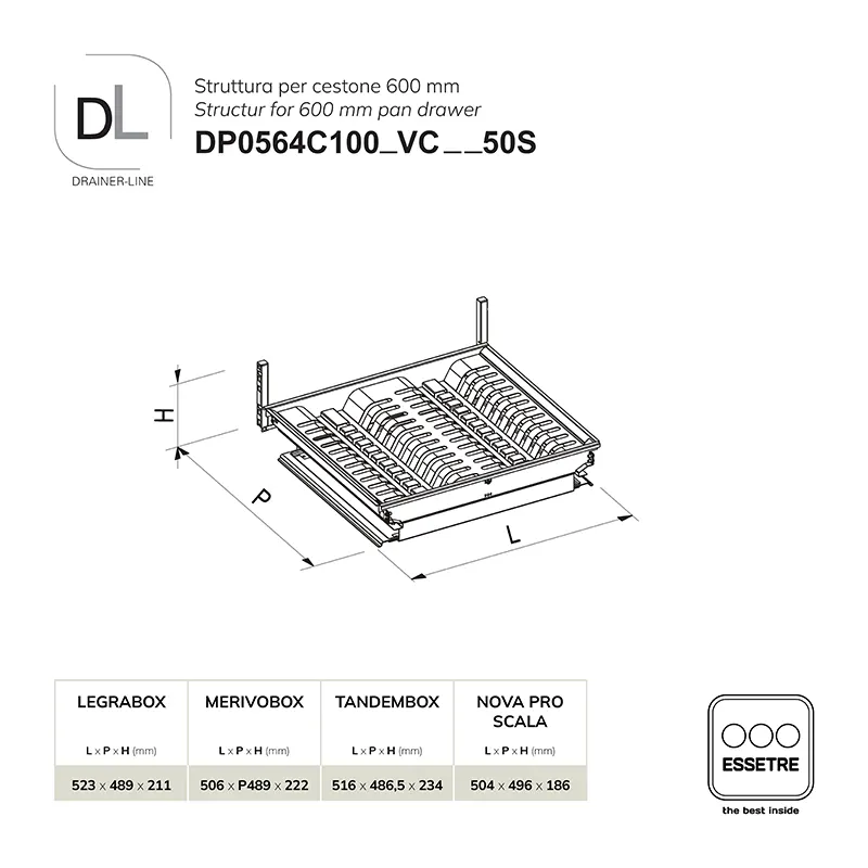 Struttura con griglia portapiatti DRAINER-LINE per cestone 600 mm
