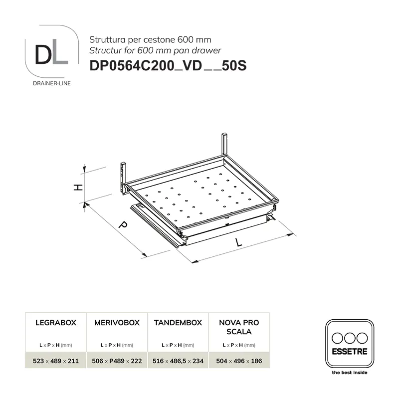 Struttura con griglia universale DRAINER-LINE per cestone 600 mm