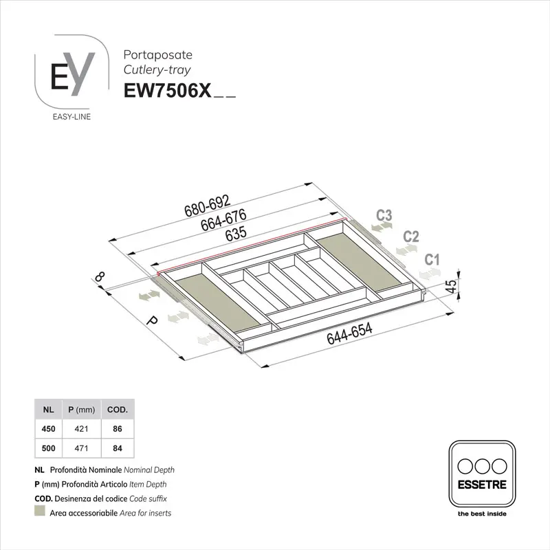 Portaposate EASY-LINE in legno per cassetto base 750 mm