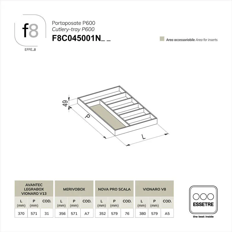 Portaposate EFFE_8 per cassetto base 450 mm.