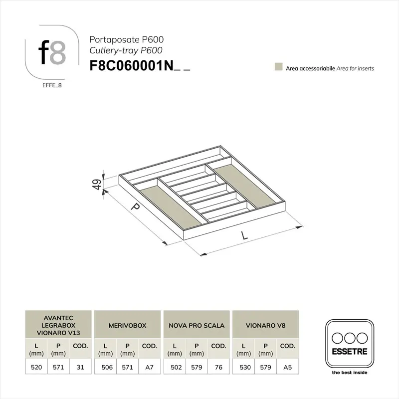 Portaposate in FRASSINO NERO per cassetto base 600 mm.