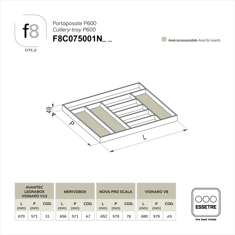 Portaposate in FRASSINO NERO per cassetto base 750 mm.