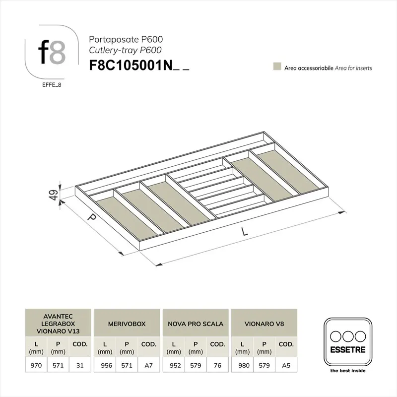 Portaposate in FRASSINO NERO per cassetto base 1050 mm.