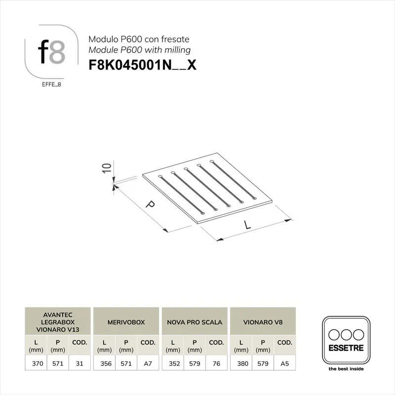 Modulo per cestone con fresate base 450 mm.