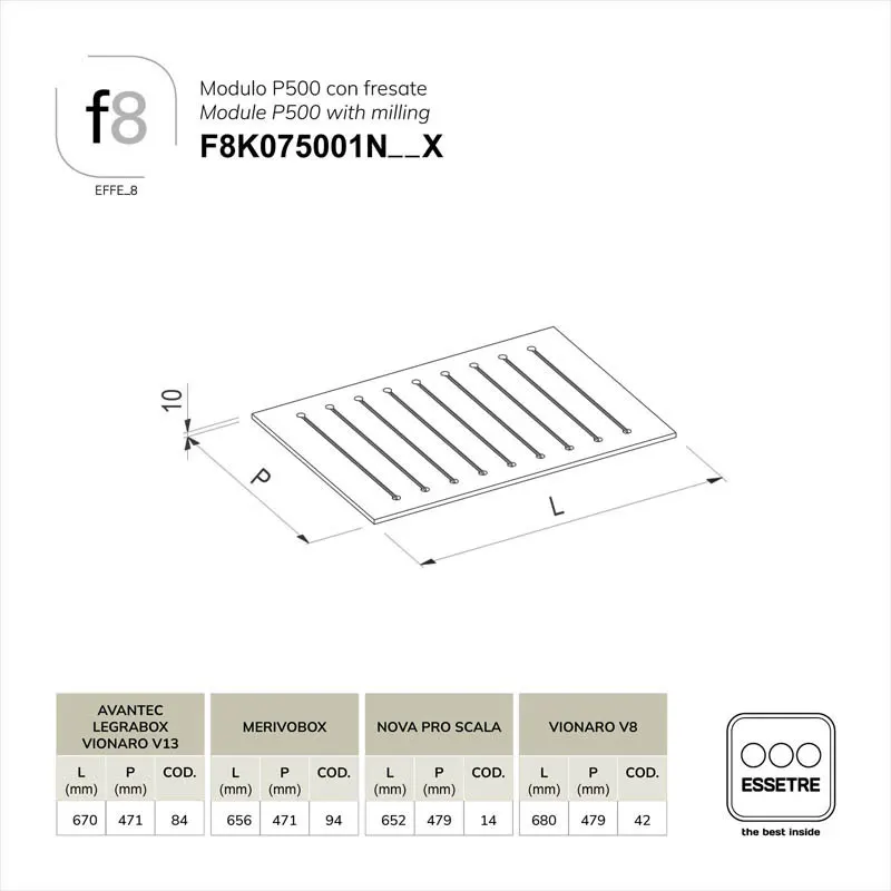 Modulo per cestone con fresate base 750 mm.