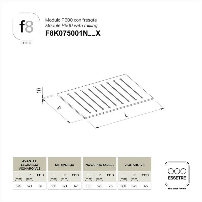 Modulo per cestone con fresate base 750 mm.