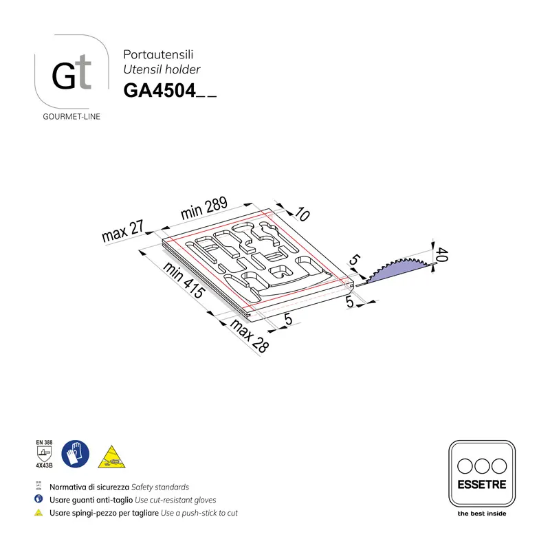 Portautensili GOURMET-LINE con set di utensili inox per cassetto base 450 mm