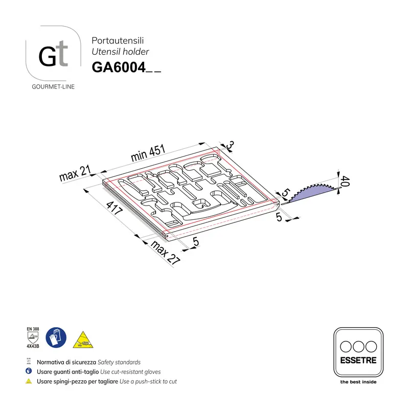 Portautensili GOURMET-LINE con set di utensili inox per cassetto base 600 mm.