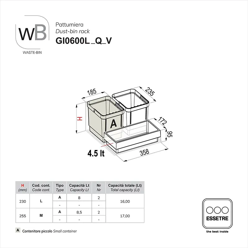Pattumiera strutturale WASTE-BIN per base sottolavello