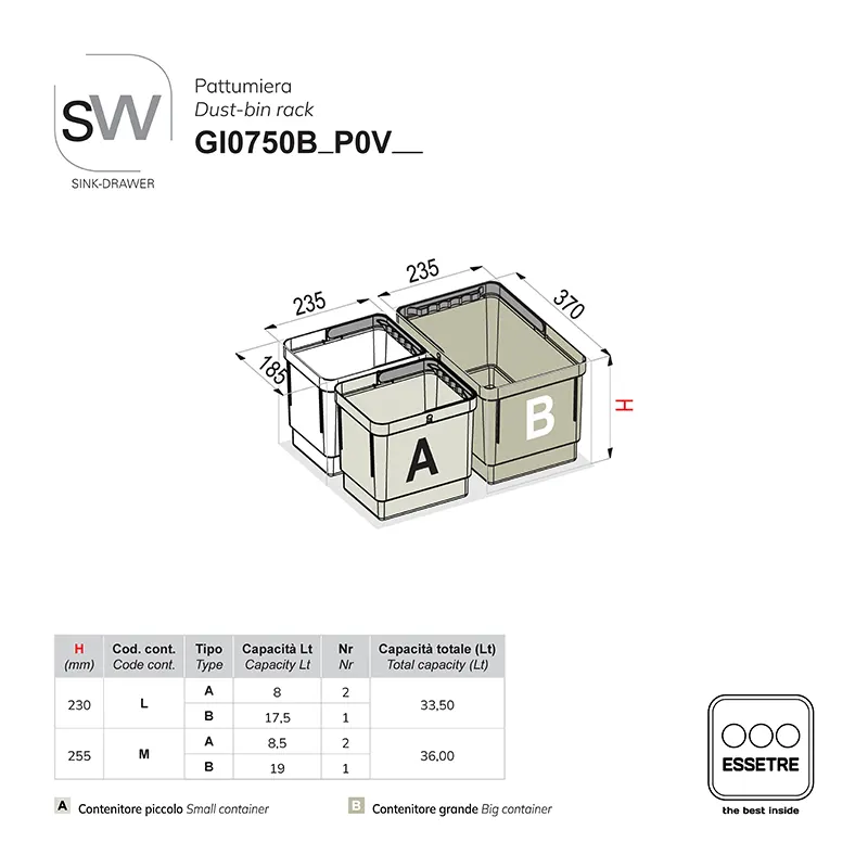 Pattumiera BIO BASIC SUPERIOR della gamma SINK-DRAWER per cestone sottolavello con base 750 mm.