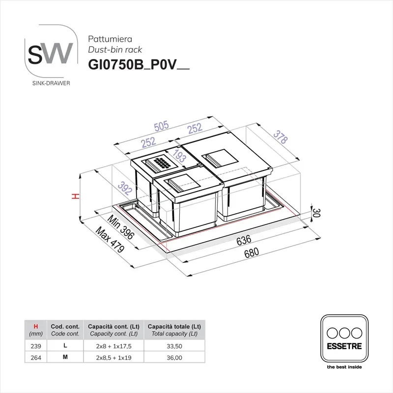 Pattumiera BIO BASIC SUPERIOR della gamma SINK-DRAWER per cestone sottolavello con base 750 mm.