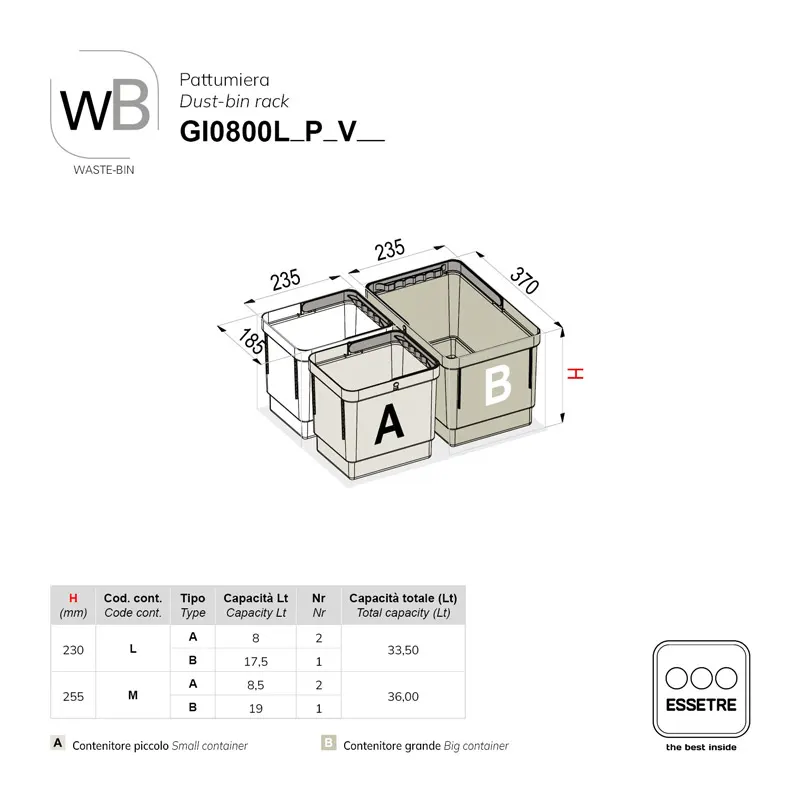 Pattumiera strutturale WASTE-BIN per base sottolavello