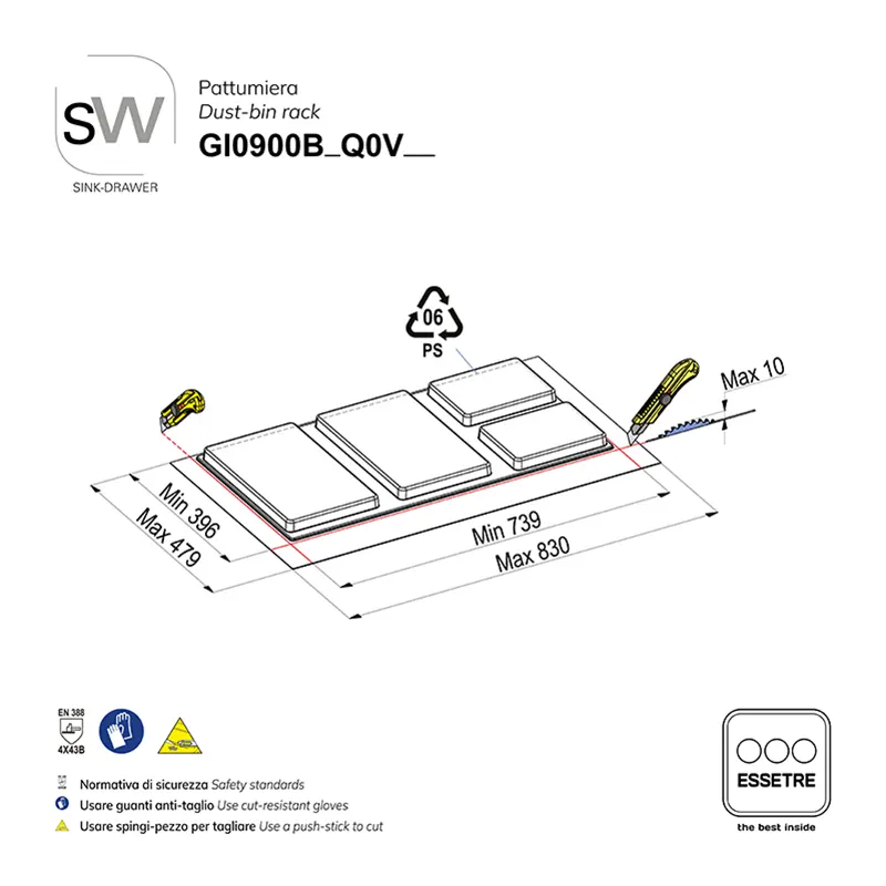 Pattumiera BIO BASIC SUPERIOR INOX della gamma SINK-DRAWER per cestone sottolavello con base 900 mm.