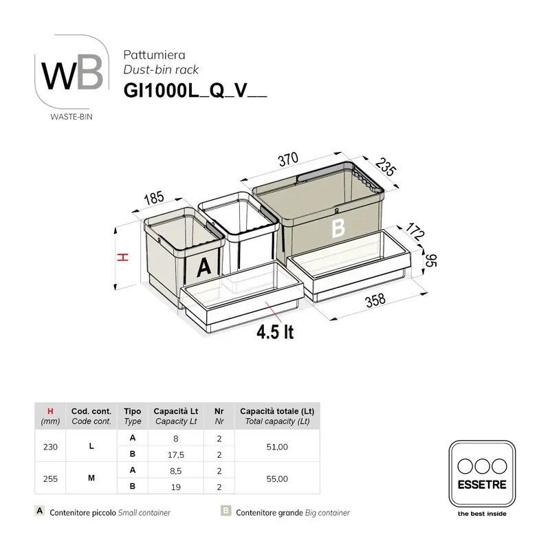 Pattumiera strutturale WASTE-BIN per base sottolavello