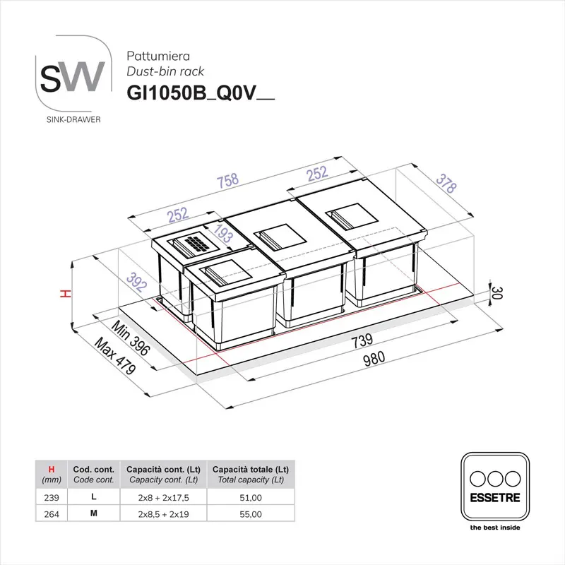 Pattumiera SINK-DRAWER per cestone sottolavello