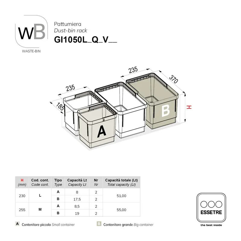 Pattumiera strutturale WASTE-BIN per base sottolavello