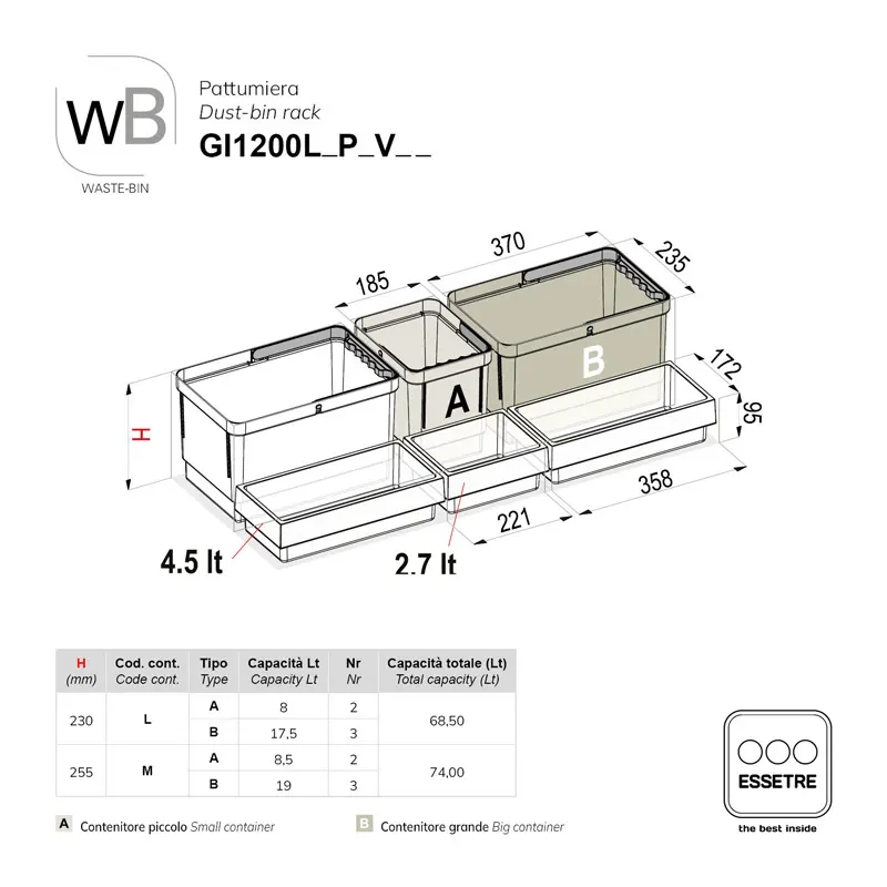 Pattumiera strutturale WASTE-BIN per base sottolavello