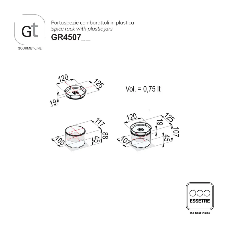Portaspezie GOURMET-LINE con barattoli in plastica per cassetto base 450 mm.