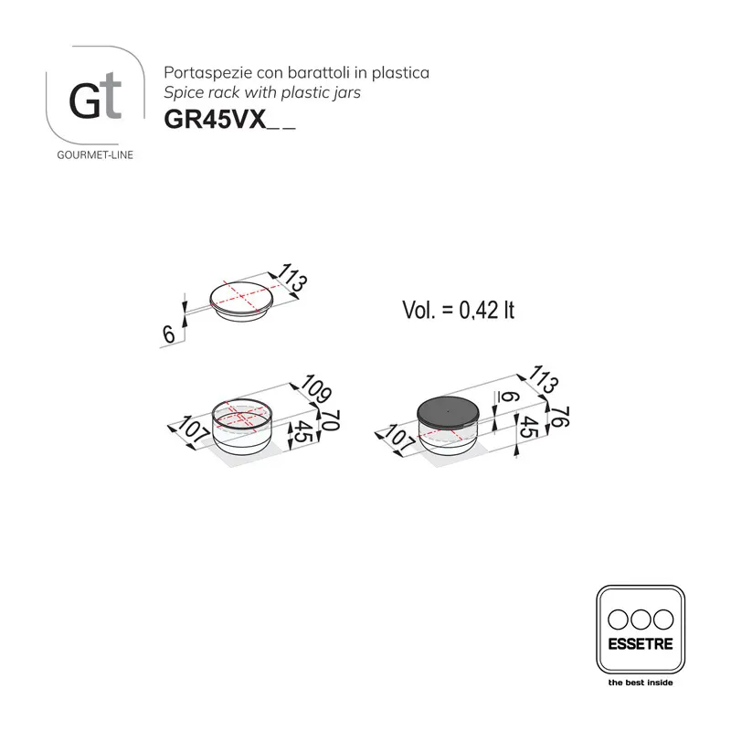Portaspezie GOURMET-LINE con barattoli in vetro per cassetto base 450 mm