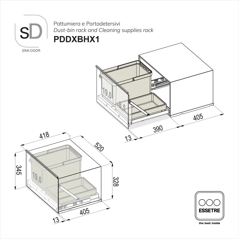 Pattumiera e portadetersivi DELUXE SINK-DOOR a libera installazione