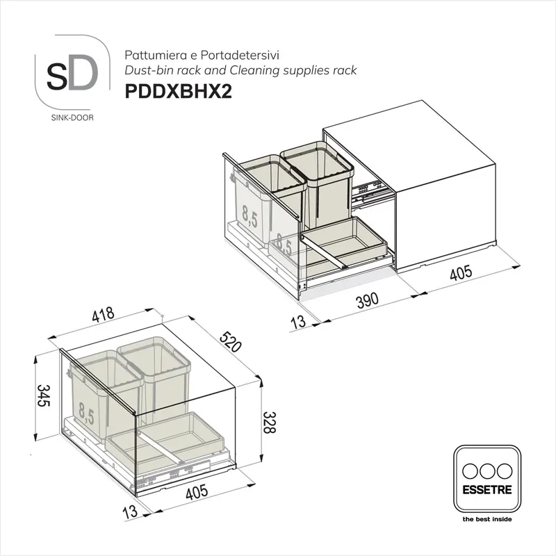 Pattumiera e portadetersivi DELUXE SINK-DOOR a libera installazione