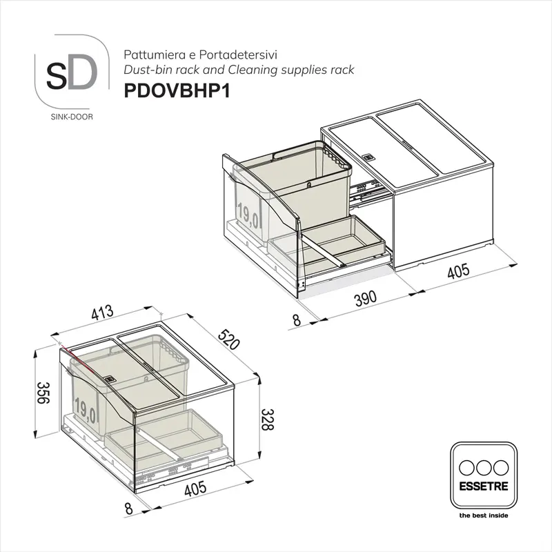Pattumiera e portadetersivi OVER SINK-DOOR a libera installazione