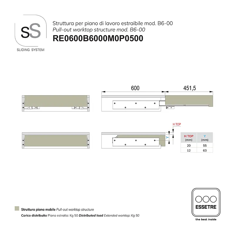 STRUTTURA con GUIDE per PIANO DI LAVORO ESTRAIBILE per BASE 600 mm FILO-TOP.