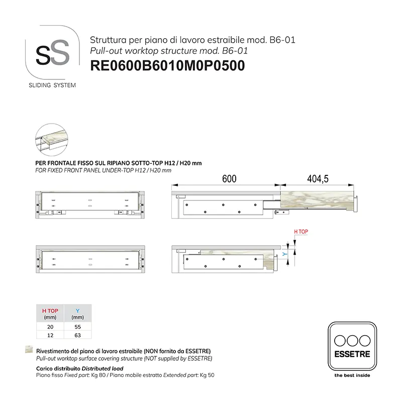 STRUTTURA con GUIDE per PIANO DI LAVORO ESTRAIBILE per BASE 600 mm SOTTO-TOP.