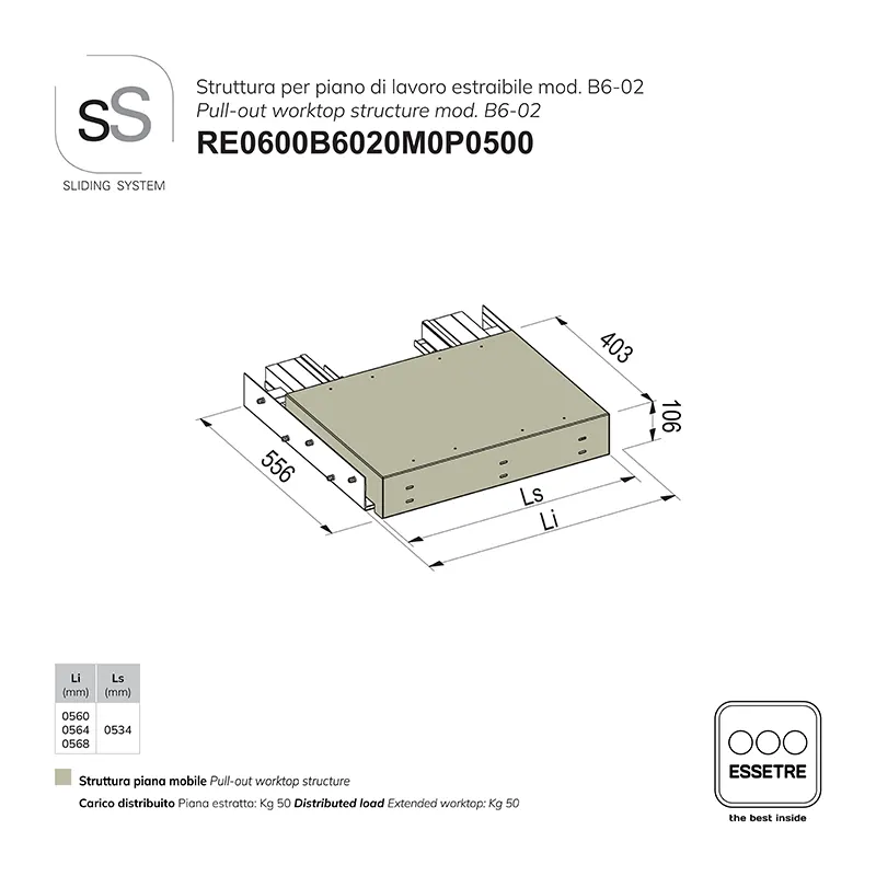 STRUTTURA con GUIDE per PIANO DI LAVORO ESTRAIBILE per BASE 600 mm SOTTO-TOP con GOLA.