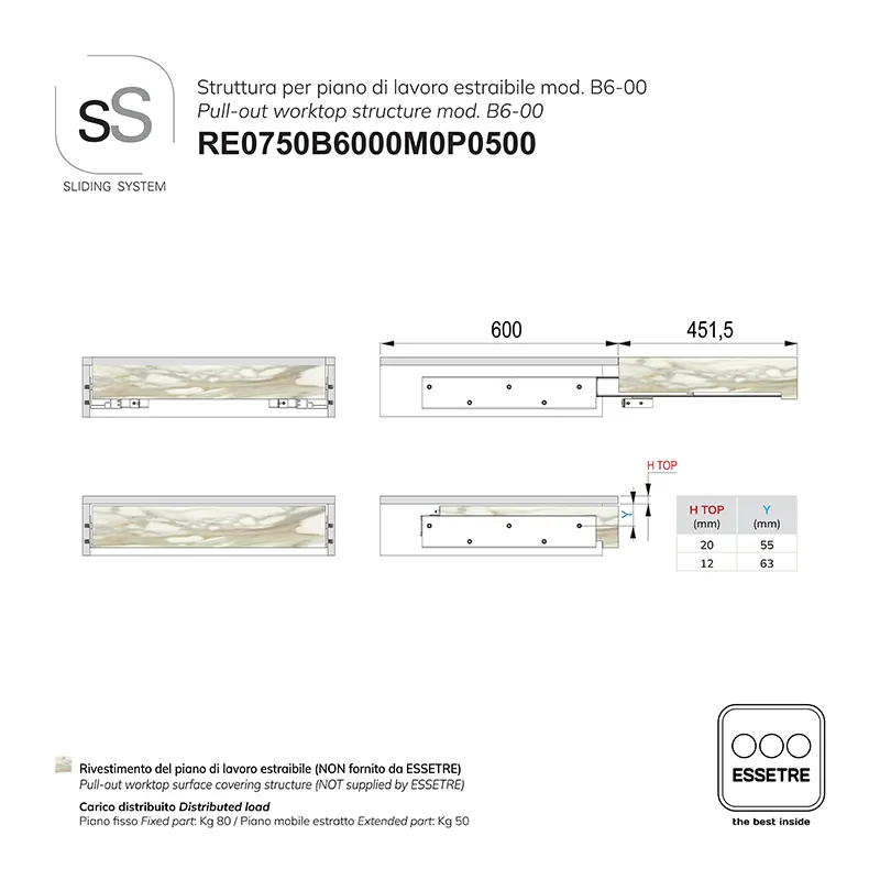 STRUTTURA con GUIDE per PIANO DI LAVORO ESTRAIBILE per BASE 750 mm FILO-TOP.