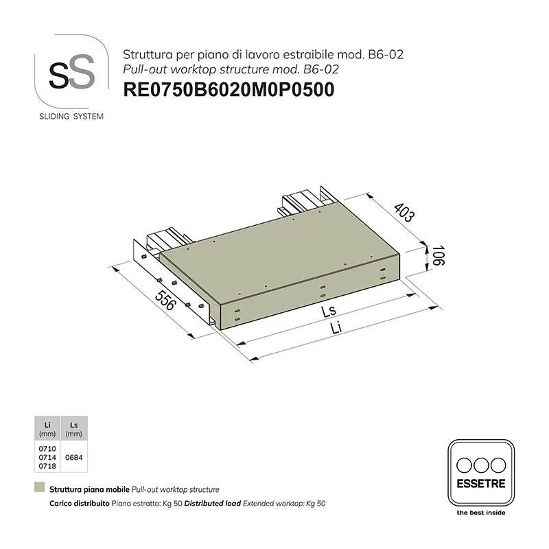 STRUTTURA con GUIDE per PIANO DI LAVORO ESTRAIBILE per BASE 750 mm SOTTO-TOP con GOLA.