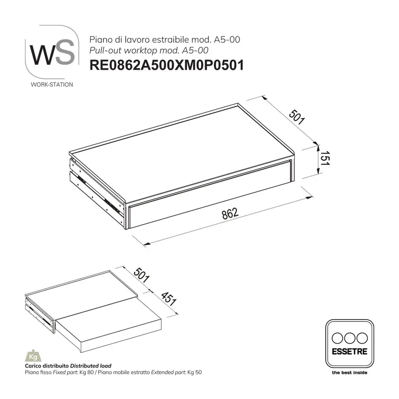 Piano di lavoro estraibile WORK-STATION per armadio, colonna e vetrina