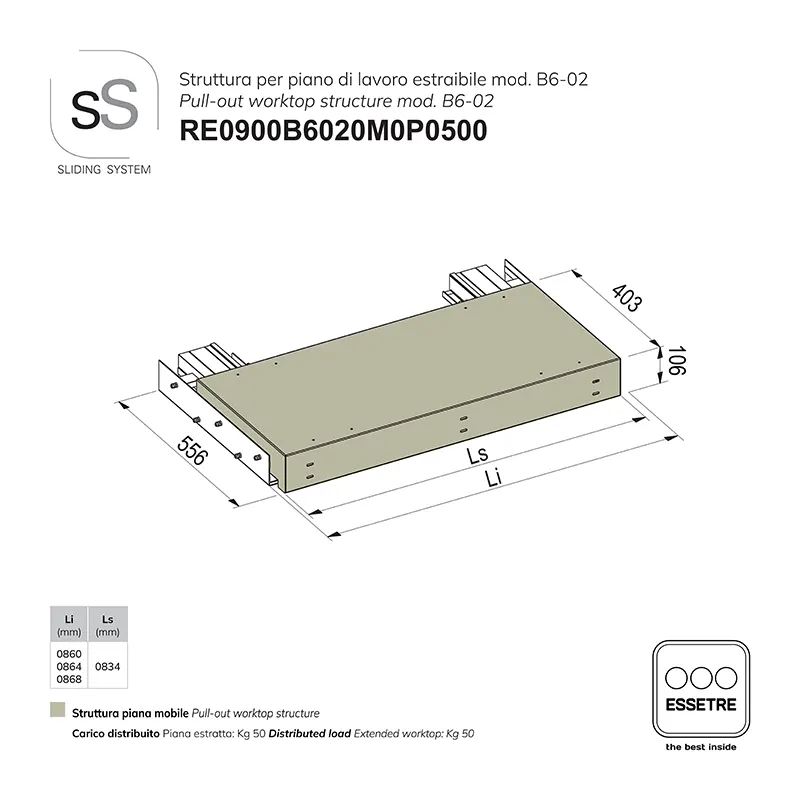 STRUTTURA con GUIDE per PIANO DI LAVORO ESTRAIBILE per BASE 900 mm SOTTO-TOP con GOLA.