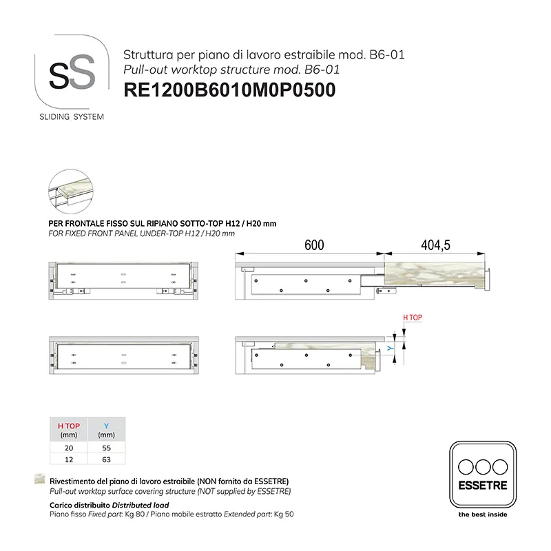 STRUTTURA con GUIDE per PIANO DI LAVORO ESTRAIBILE per BASE 1200 mm SOTTO-TOP.