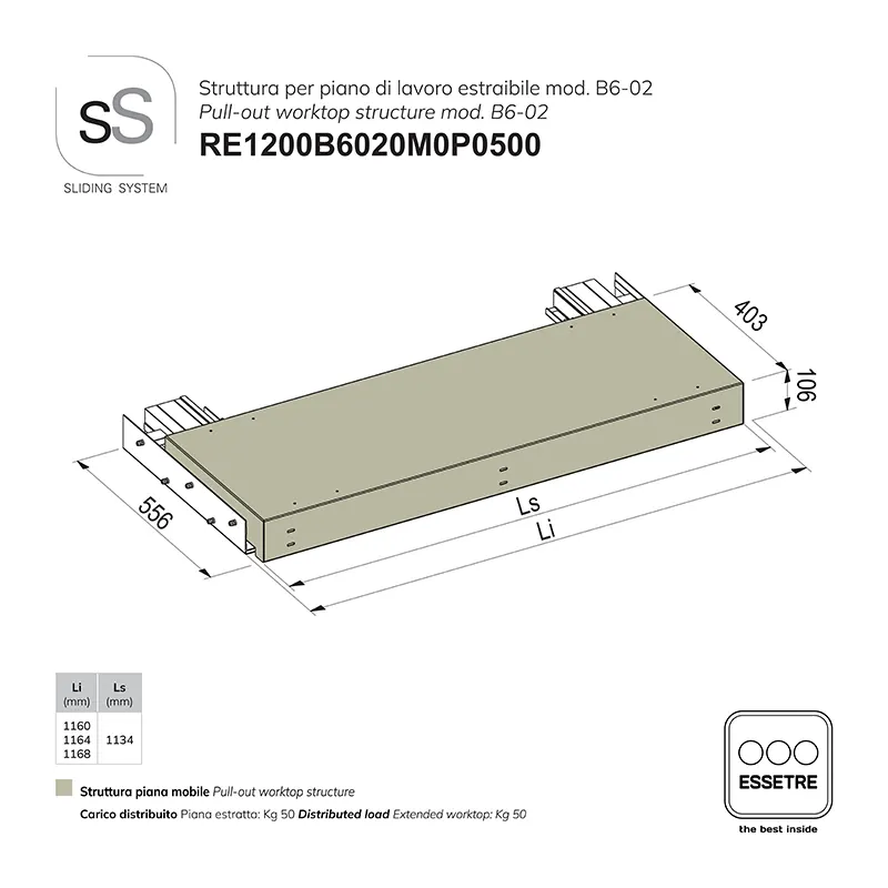 STRUTTURA con GUIDE per PIANO DI LAVORO ESTRAIBILE per BASE 1200 mm SOTTO-TOP con GOLA.
