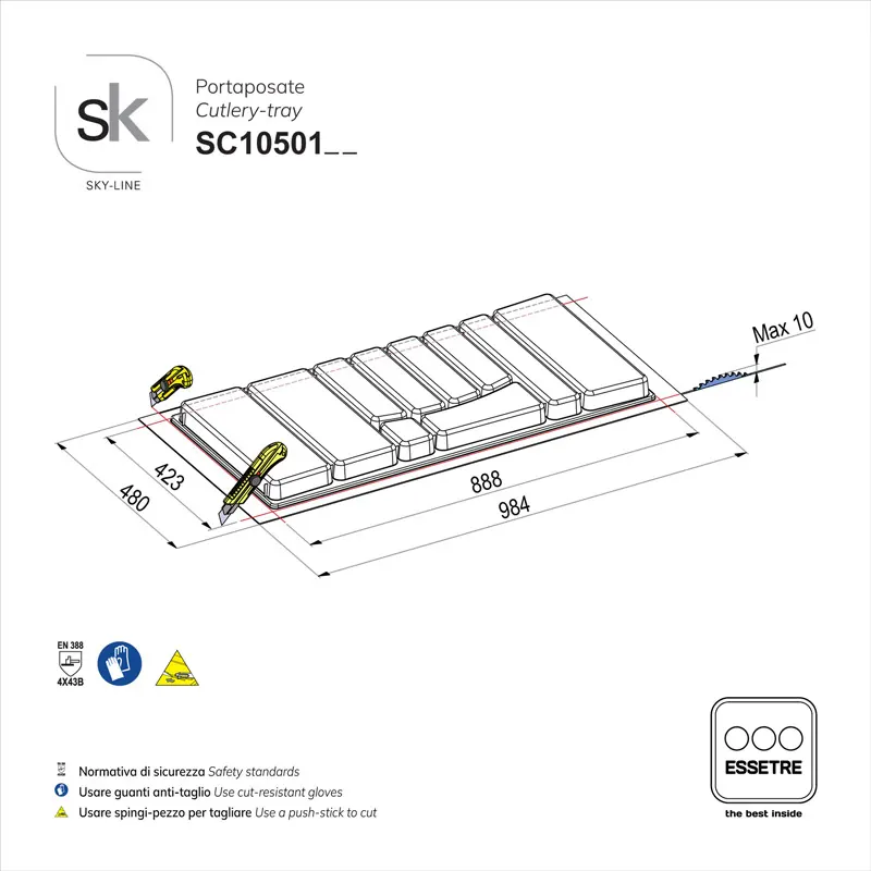 Portaposate SKY-LINE in plastica per cassetto base 1050 mm