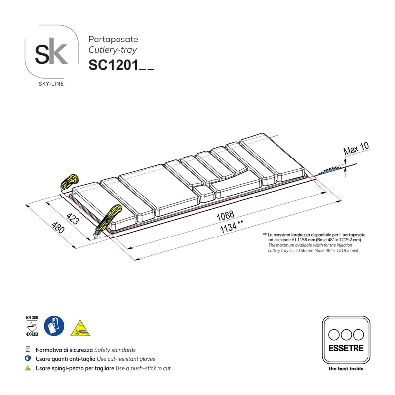 Portaposate SKY-LINE in plastica per cassetto base 1200 mm